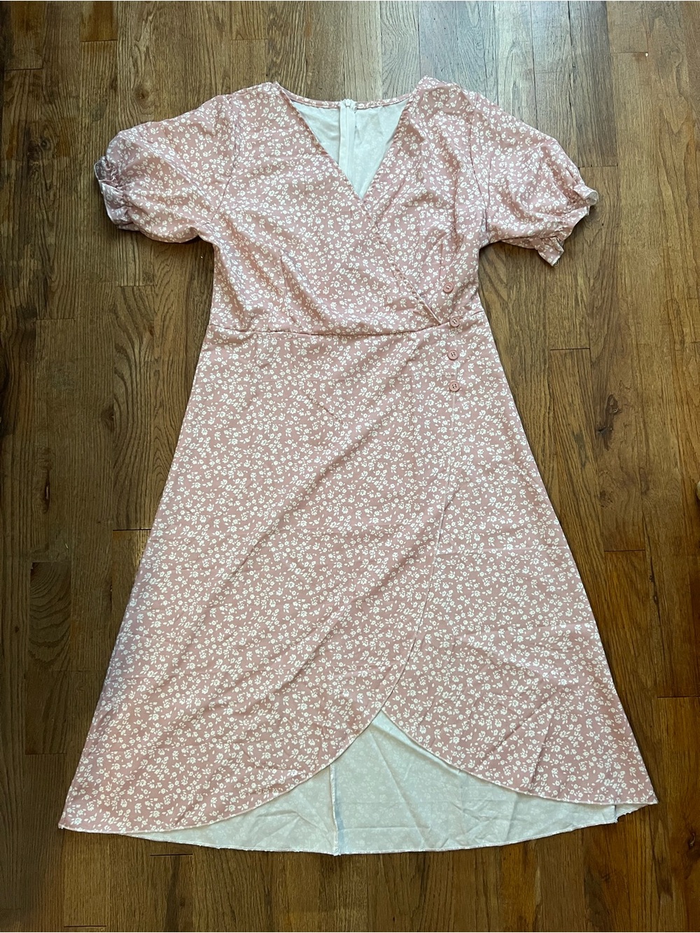 Ditsy Floral Wrap Midi Dress Womens Short Sleeve Ruffle Small Fits Big V Neck